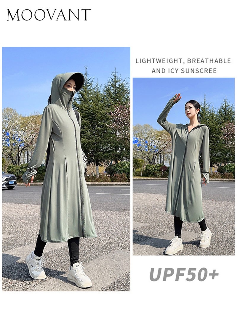 Moovant UPF 50+ Ice Silk Breathable Sun Protection Jacket for Women, Long UV Resistant Coat with Detachable Vinyl Hat, Lightweight Summer Smock for Outdoor Activities & Commuting, Grey - Image 3