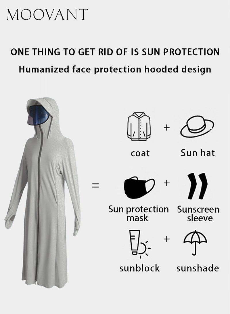 Moovant UPF 50+ Ice Silk Breathable Sun Protection Jacket for Women, Long UV Resistant Coat with Detachable Vinyl Hat, Lightweight Summer Smock for Outdoor Activities & Commuting, Grey - Image 4
