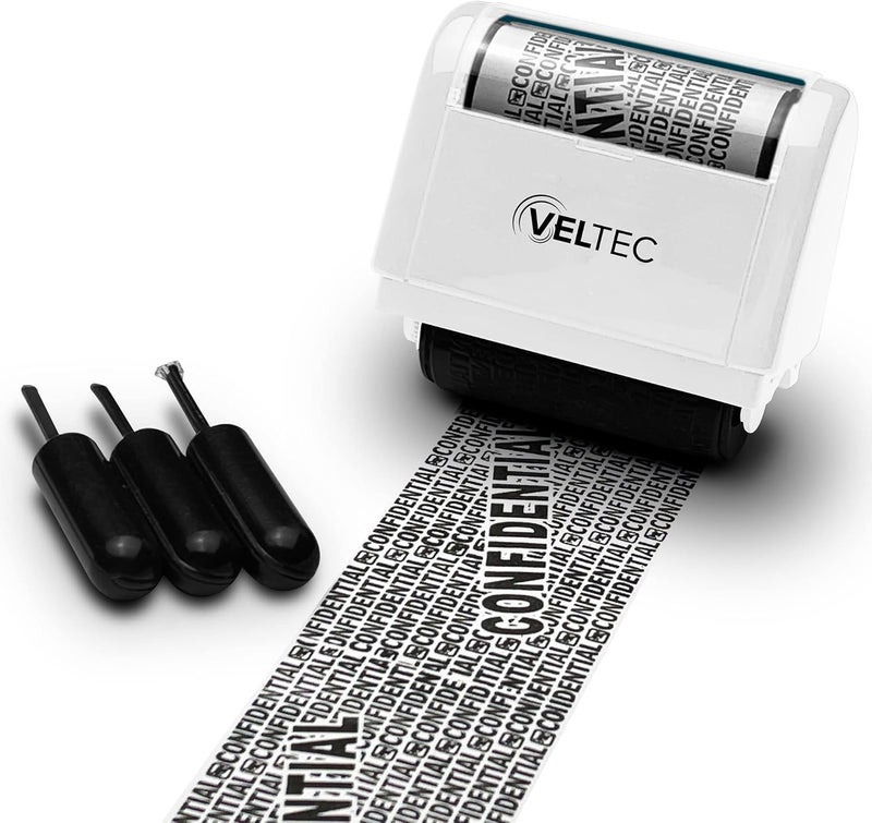 Veltec Identity Theft Protection Roller Stamp - Confidential Roller Stamp - Data Theft Protection Stamp - Anti Theft, Security and Privacy Guard Stamp - 3 Ink Refills (White) - Image 1