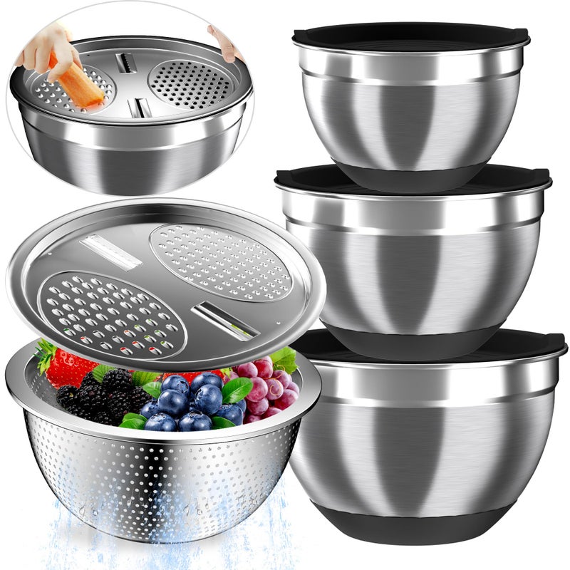 Nicdiet Mixing Bowls with Airtight Lids, Stainless Steel Mixing Bowl Set with 3 Metal Nesting Bowls, Colander & Grater, Non-Slip Bottoms, Size 1.5, 2.5, 5 QT, Great for Mixing & Serving, Black - Image 1