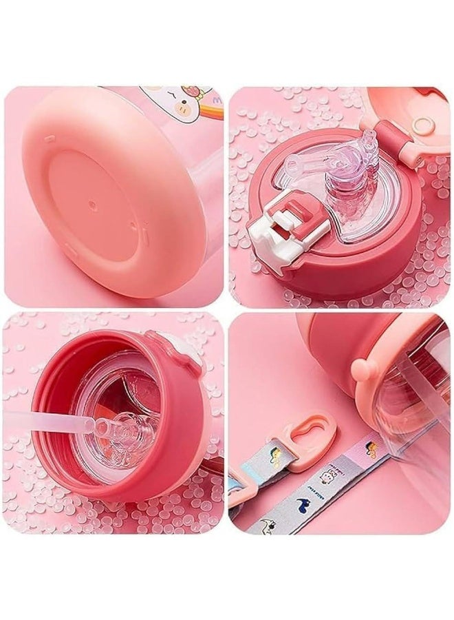 زجاجة مياه أكريليك للأطفال، سعة 600مل، بغطاء على شكل قرن غزال مزين بشخصيات كرتونية، مع وعاء شرب بقشة - Image 3