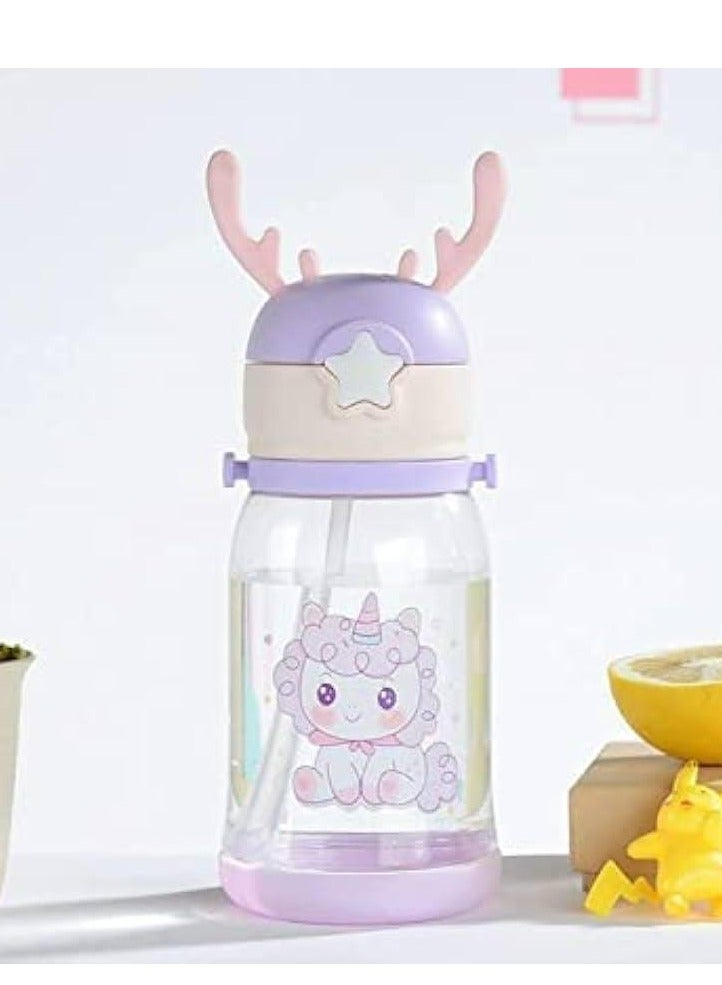 زجاجة مياه أكريليك للأطفال، سعة 600مل، بغطاء على شكل قرن غزال مزين بشخصيات كرتونية، مع وعاء شرب بقشة - Image 1