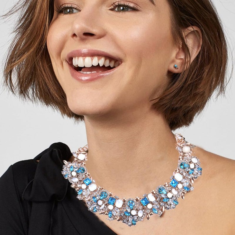 Zthread Bib Statement Necklace Colorful Glass Crystal Collar Choker Necklace for Women Fashion Accessories (Blue) - Image 2
