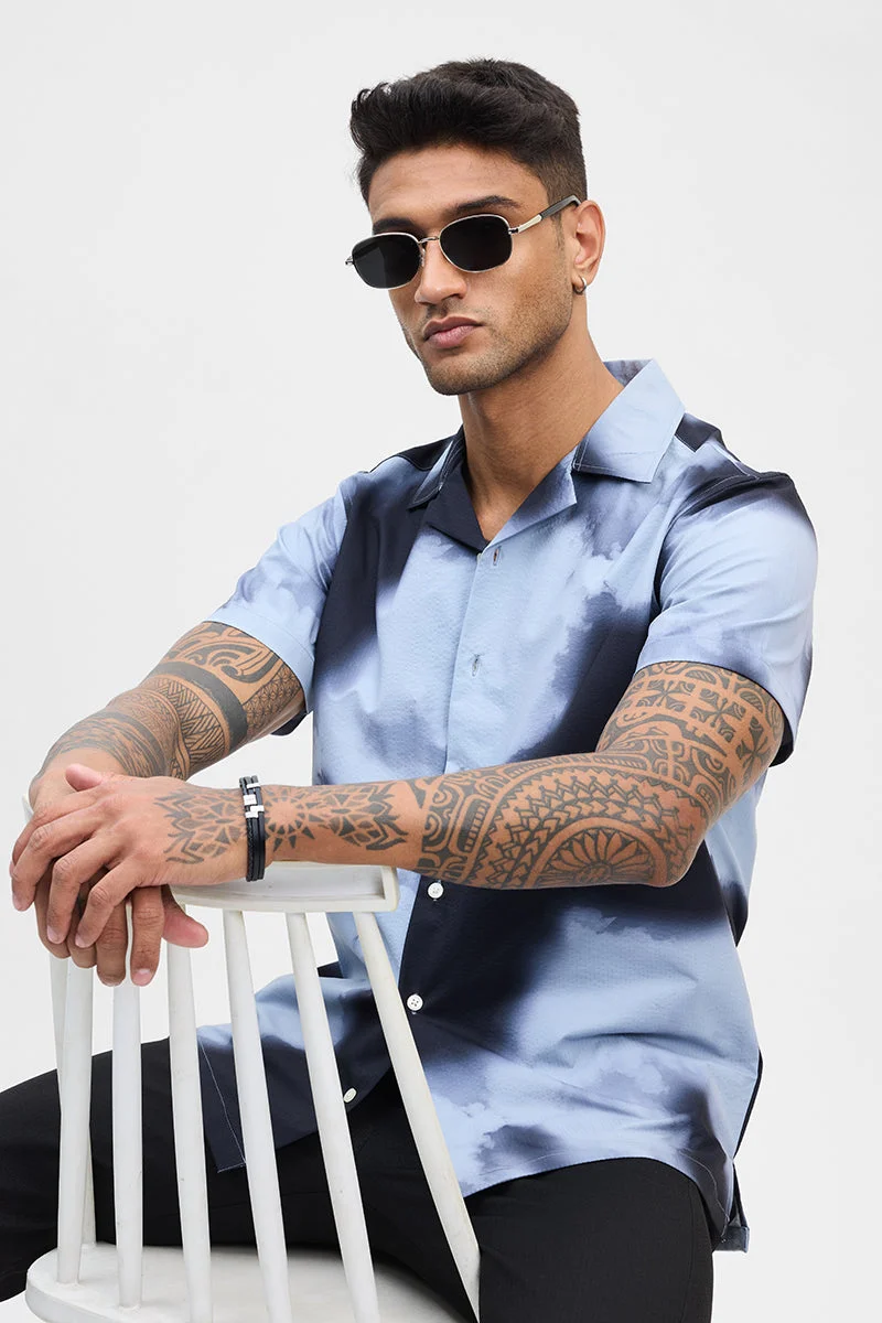 SNITCH Light Blue Abstract Half Sleeve Boxy Casual Shirt