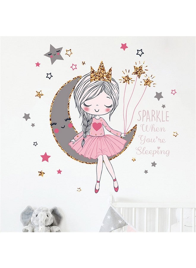 ROFARSO Colorful Cute Lovely Wall Stickers For Kids Peel And Stick Removable Wall Decals Diy Decorations Decor For Nursery Baby Girls Bedroom Playroom Living Room (Girl Sitting On The Moon) - Image 1