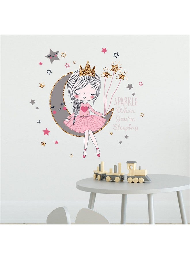 ROFARSO Colorful Cute Lovely Wall Stickers For Kids Peel And Stick Removable Wall Decals Diy Decorations Decor For Nursery Baby Girls Bedroom Playroom Living Room (Girl Sitting On The Moon) - Image 2