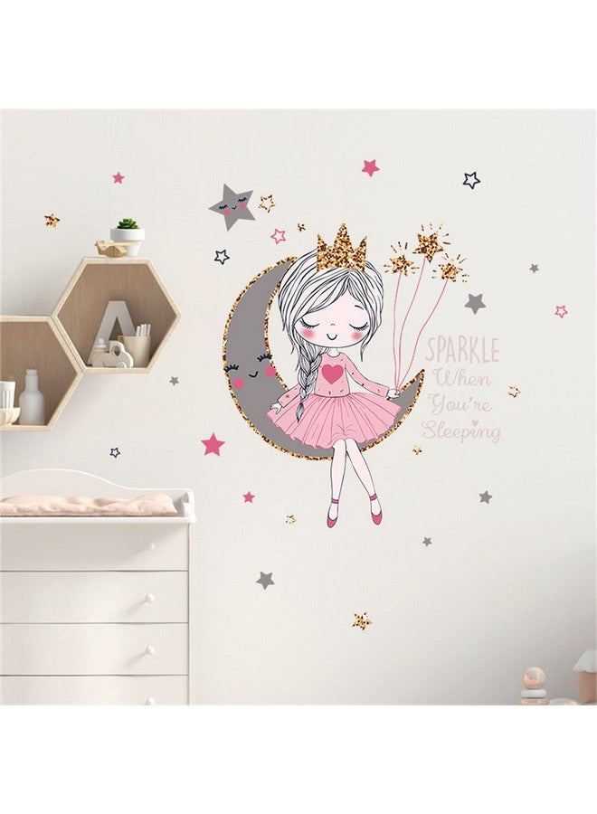 ROFARSO Colorful Cute Lovely Wall Stickers For Kids Peel And Stick Removable Wall Decals Diy Decorations Decor For Nursery Baby Girls Bedroom Playroom Living Room (Girl Sitting On The Moon) - Image 4