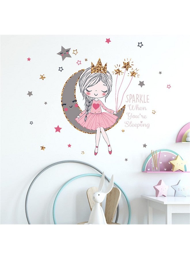 ROFARSO Colorful Cute Lovely Wall Stickers For Kids Peel And Stick Removable Wall Decals Diy Decorations Decor For Nursery Baby Girls Bedroom Playroom Living Room (Girl Sitting On The Moon) - Image 3