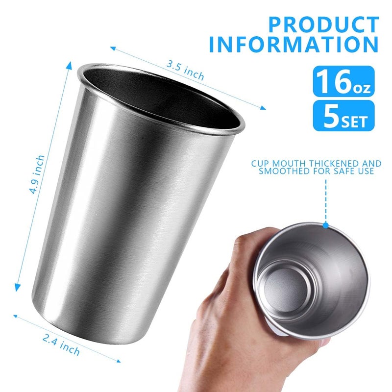 KISEER 5 Pack 16 Ounce Stainless Steel Pint Cups Shatterproof Cup Tumblers Unbreakable Metal Drinking Glasses for Bar, Home, Restaurant - Image 2