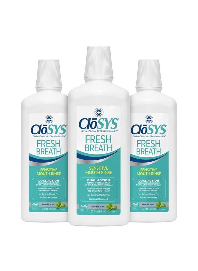 CloSYS CloSYS Fresh Breath Sensitive Mouthwash, Gentle Mint, Alcohol Free, Dye Free, pH Balanced, Helps Soothe Entire Mouth, Fights Bad Breath - 32 Oz (Pack of 3) 