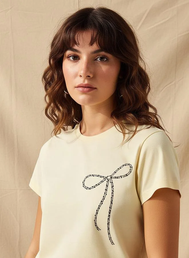 Splash FAV Cotton T-Shirt with Embellished Bow Detail