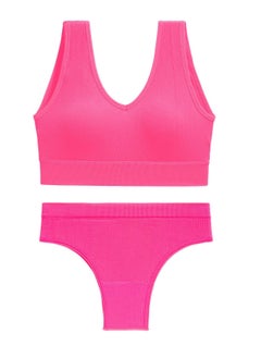 Loquat Women's Solid Color Fitness Set 2-piece Seamless Wireless Bra+Low Waisted Thong Shorts Yoga Suit Pink 