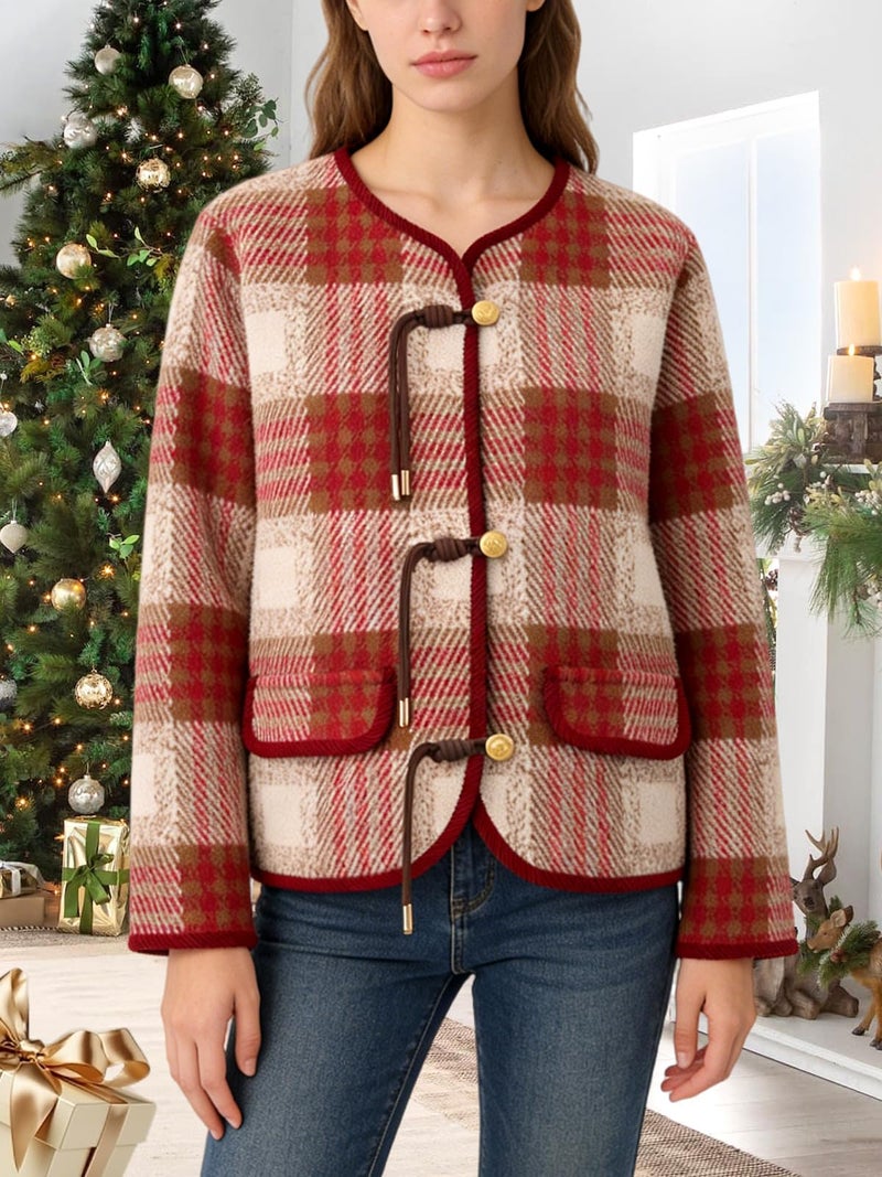 HOULENGS Womens Vintage Plaid Print Button Down Cardigan Sweaters Long Sleeve Knit Sweater Jackets with Pocket Fall Fashion Red Small - Image 3