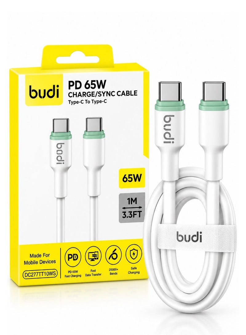 Budi DC277TT10WS PD 65W Type-C to Type-C Cable, 1M/3.3FT Fast Charging and Sync Cable Charging Cable - White - Image 1