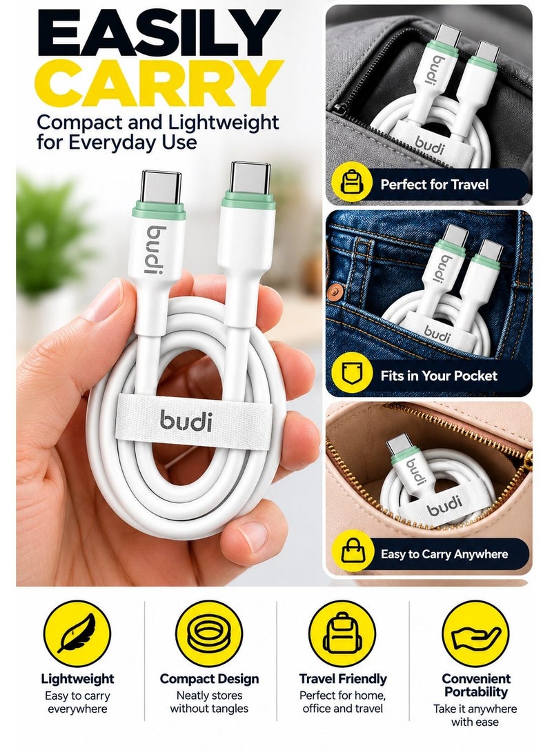 Budi DC277TT10WS PD 65W Type-C to Type-C Cable, 1M/3.3FT Fast Charging and Sync Cable Charging Cable - White - Image 3