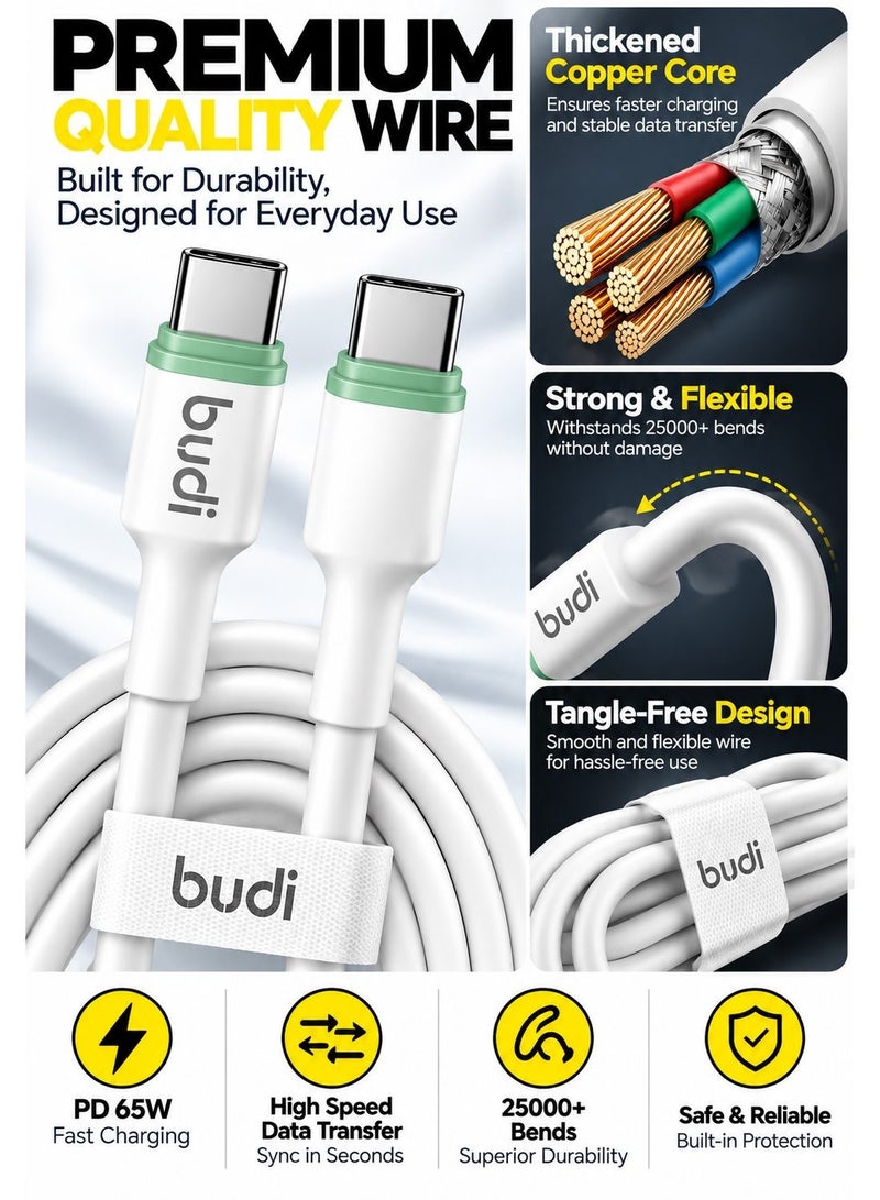 Budi DC277TT10WS PD 65W Type-C to Type-C Cable, 1M/3.3FT Fast Charging and Sync Cable Charging Cable - White - Image 4