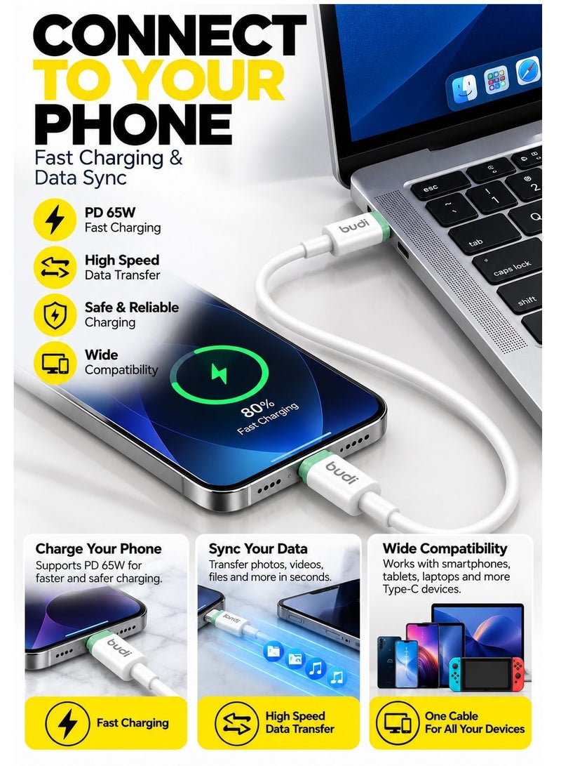 Budi DC277TT10WS PD 65W Type-C to Type-C Cable, 1M/3.3FT Fast Charging and Sync Cable Charging Cable - White - Image 5