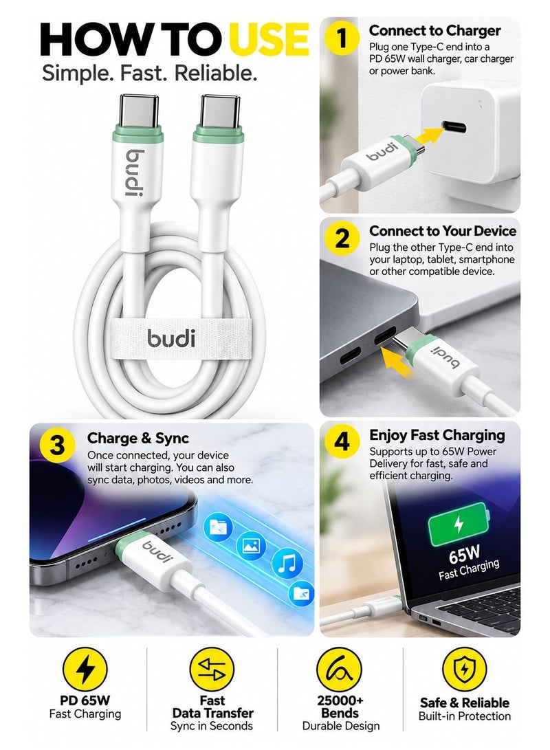 Budi DC277TT10WS PD 65W Type-C to Type-C Cable, 1M/3.3FT Fast Charging and Sync Cable Charging Cable - White - Image 2