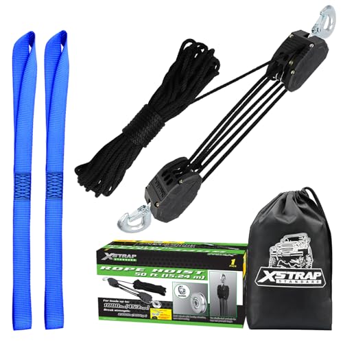 XSTRAP STANDARD Heavy-Duty 2,000LB 50 Feet Rope Hoist Pulley 1 Ton Wheel Block and Tackle System 5:1 Ratio Lifting Power with 2PK 18 Inch Soft Loops (Upgraded 50ft Black) - Image 1