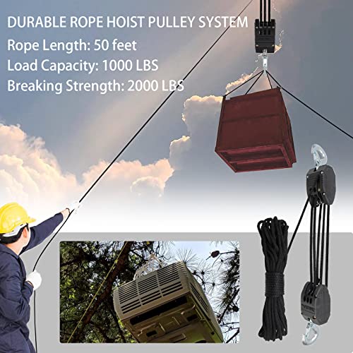 XSTRAP STANDARD Heavy-Duty 2,000LB 50 Feet Rope Hoist Pulley 1 Ton Wheel Block and Tackle System 5:1 Ratio Lifting Power with 2PK 18 Inch Soft Loops (Upgraded 50ft Black) - Image 4