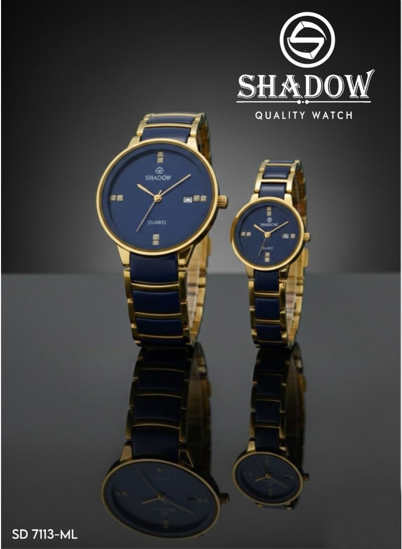 SHADOW Luxury Couple Watch Set - Premium Stainless Steel Matching His and Hers Quartz Wristwatches with Date Display & Crystal Indices - Image 1