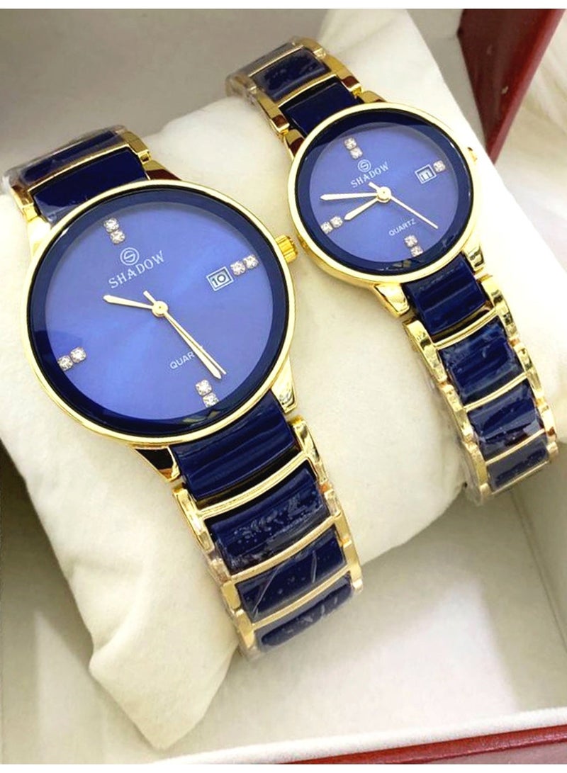 SHADOW Luxury Couple Watch Set - Premium Stainless Steel Matching His and Hers Quartz Wristwatches with Date Display & Crystal Indices - Image 2
