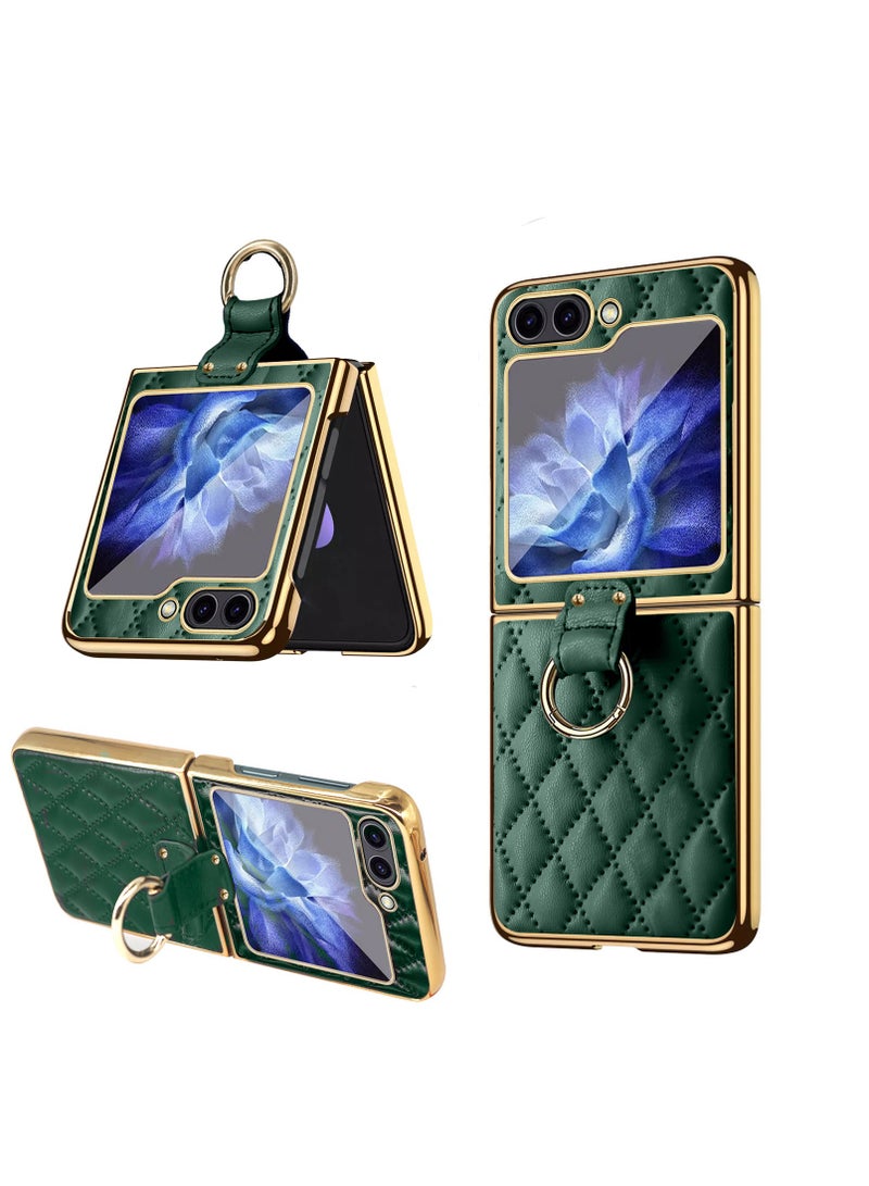 SYOSI Leather Phone Case with Metal Ring Holder Stand Compatible with Galaxy Z Flip 5, Fashion Rhombic Mobile Phone Protector Cover with Golden Frame for Samsung Flip5 - Image 1