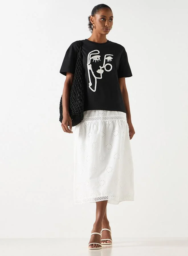 2Xtremz 2xtremz Schiffli Textured A-line Midi Skirt with Elasticated Waistband