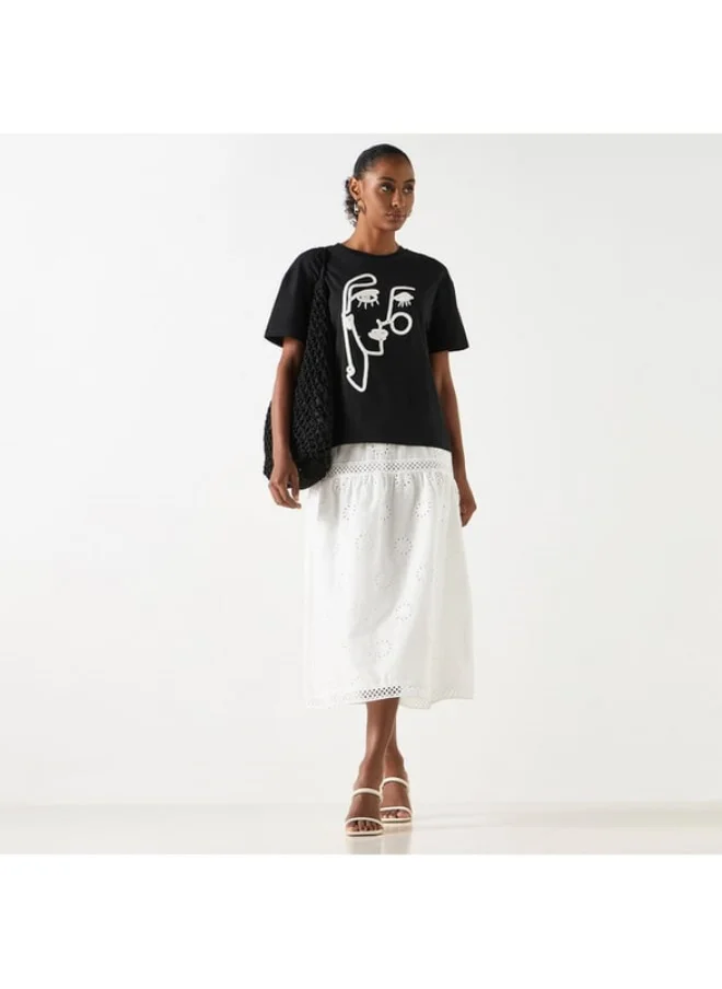 2Xtremz 2xtremz Schiffli Textured A-line Midi Skirt with Elasticated Waistband