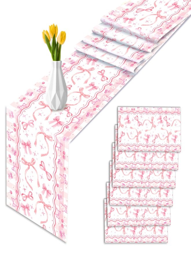 MOZUI 6 Pieces Pink Bow Table Runners 14 x 108 Inches Disposable Coquette Pattern Table Runner for Tea Party Birthday Baby Shower Wedding Valentine's Day Holiday Kitchen Dining Table Decor Party Supplies - Image 1