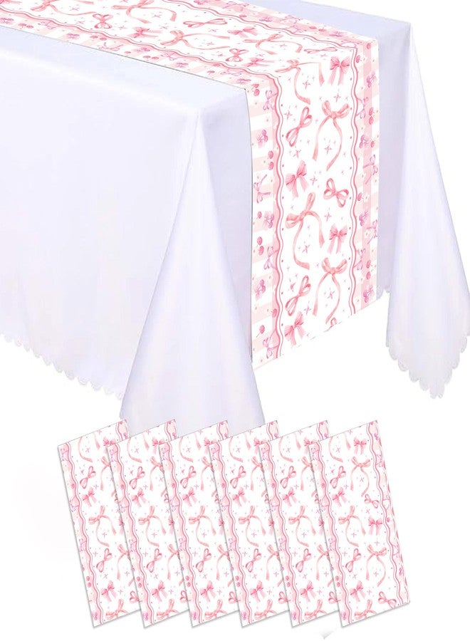 MOZUI 6 Pieces Pink Bow Table Runners 14 x 108 Inches Disposable Coquette Pattern Table Runner for Tea Party Birthday Baby Shower Wedding Valentine's Day Holiday Kitchen Dining Table Decor Party Supplies - Image 4