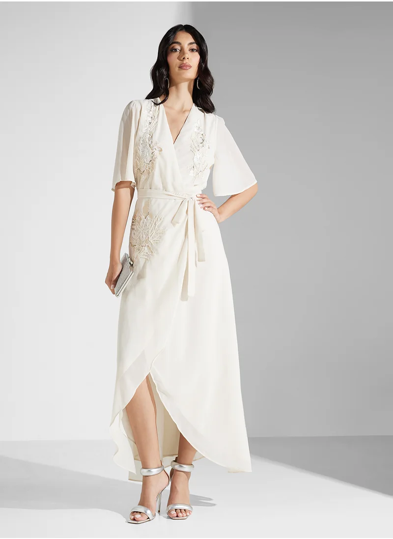 Hope & Ivy Embellished Wrap Flutter Sleeve Dress