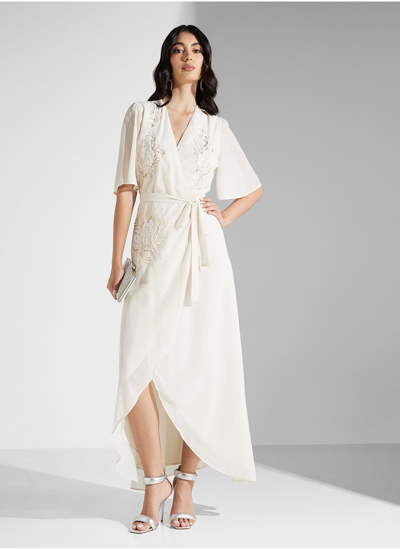 Hope & Ivy - Embellished Wrap Flutter Sleeve Dress - Image 1