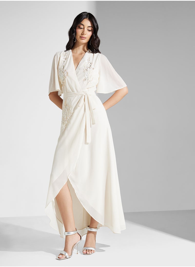 Hope & Ivy - Embellished Wrap Flutter Sleeve Dress - Image 1