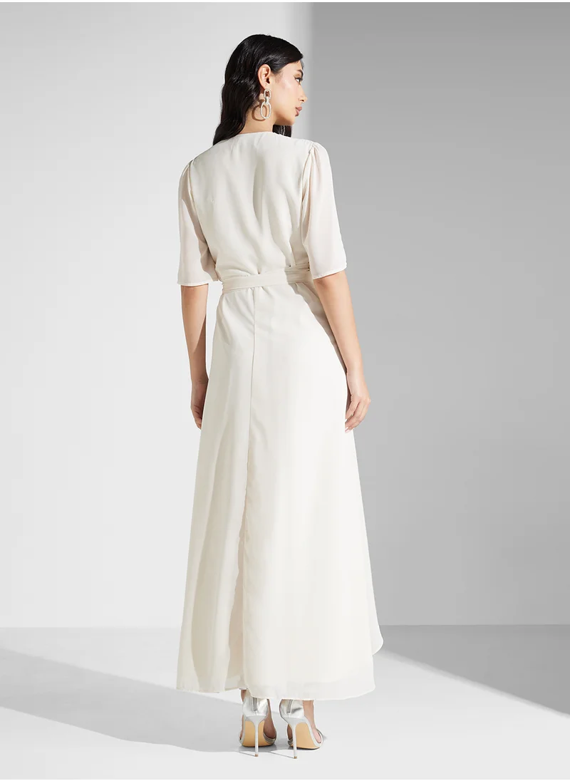 Hope & Ivy Embellished Wrap Flutter Sleeve Dress