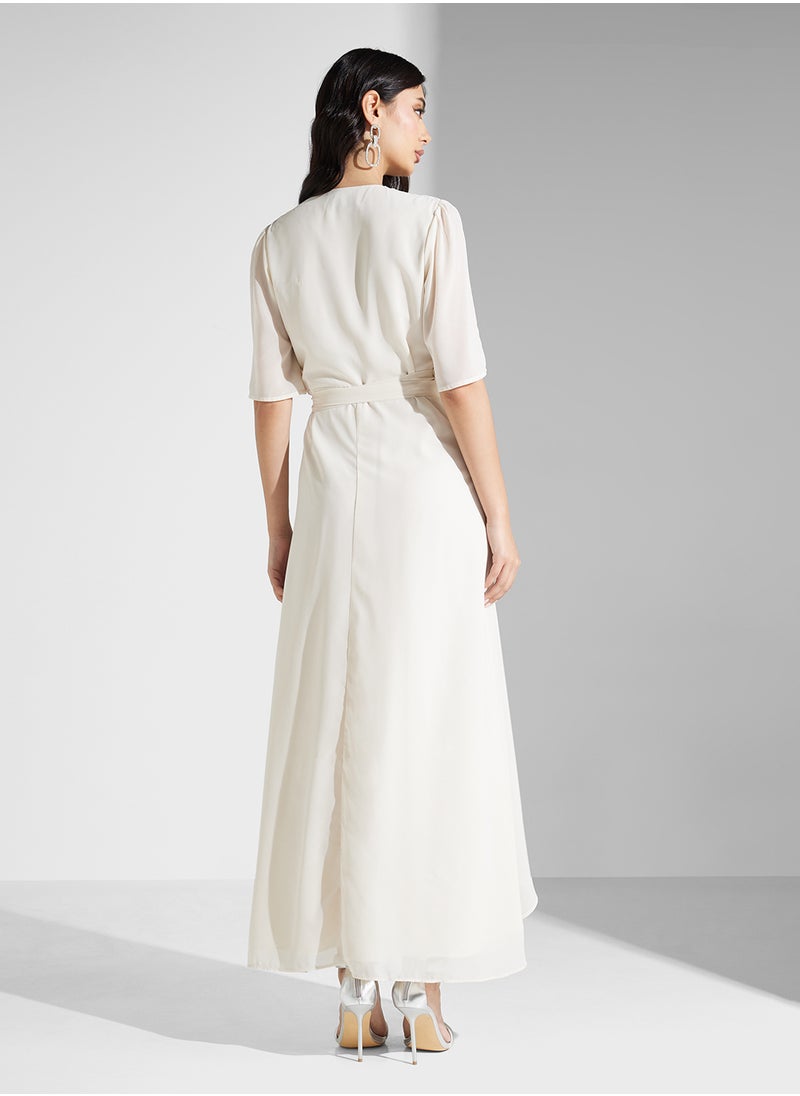 Hope & Ivy - Embellished Wrap Flutter Sleeve Dress - Image 1