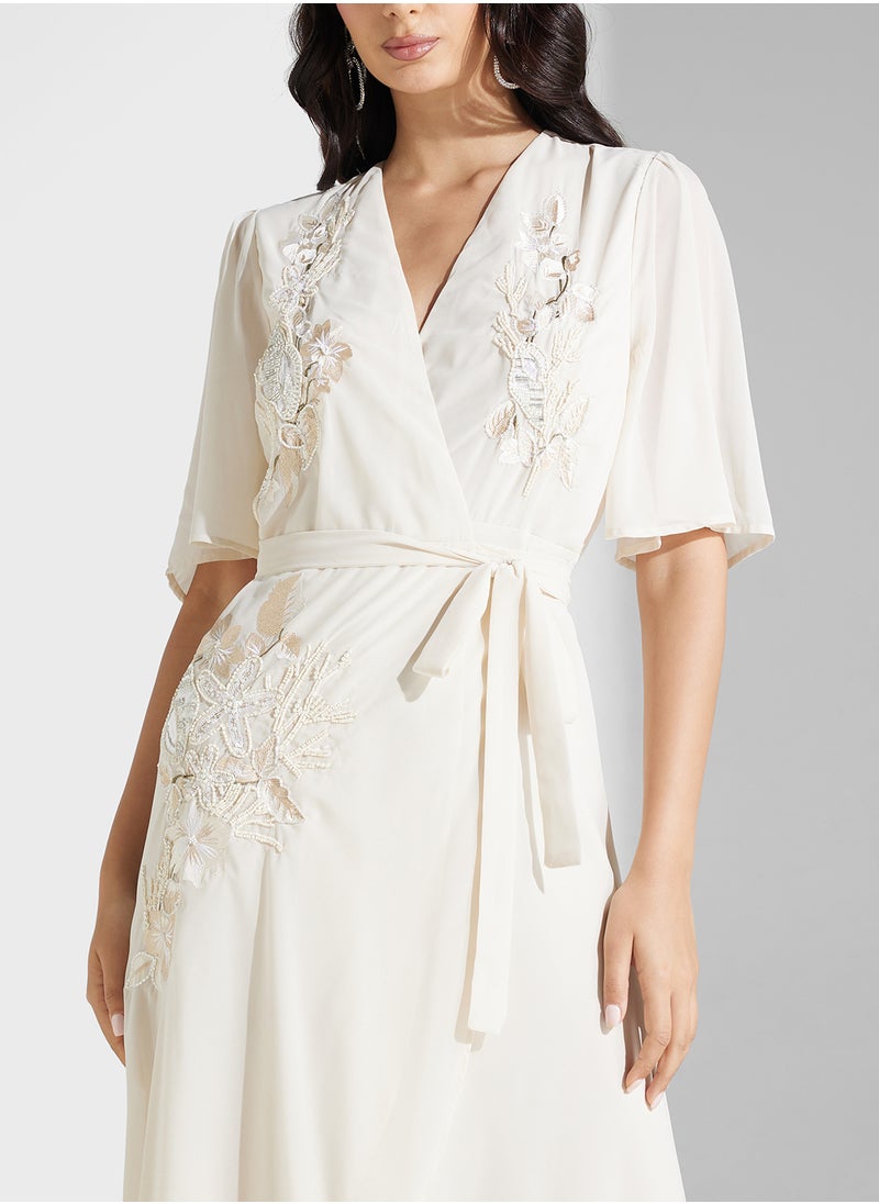 Hope & Ivy - Embellished Wrap Flutter Sleeve Dress - Image 1