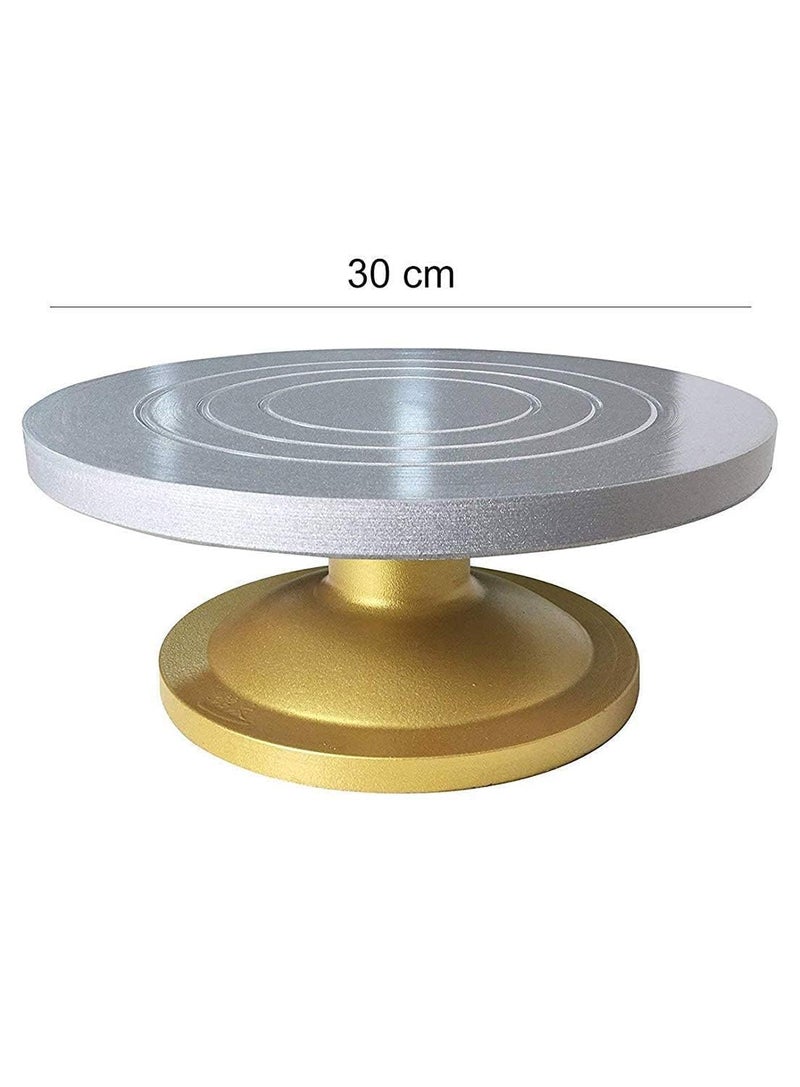 Kitchenwell Heavy Cake Decorating and Icing Turntable/Serving Stand - 360° Smooth Rotating Cake Stand - Silver Top & Golden Bottom - 12 Inch (30 cm) Diameter Fiber Cake Turntable (Silver, Gold) - Image 4