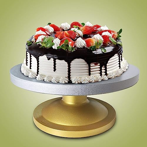 Kitchenwell Heavy Cake Decorating and Icing Turntable/Serving Stand - 360° Smooth Rotating Cake Stand - Silver Top & Golden Bottom - 12 Inch (30 cm) Diameter Fiber Cake Turntable (Silver, Gold) - Image 2