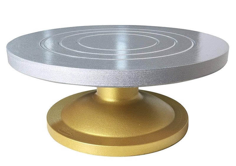Kitchenwell Heavy Cake Decorating and Icing Turntable/Serving Stand - 360° Smooth Rotating Cake Stand - Silver Top & Golden Bottom - 12 Inch (30 cm) Diameter Fiber Cake Turntable (Silver, Gold) - Image 1