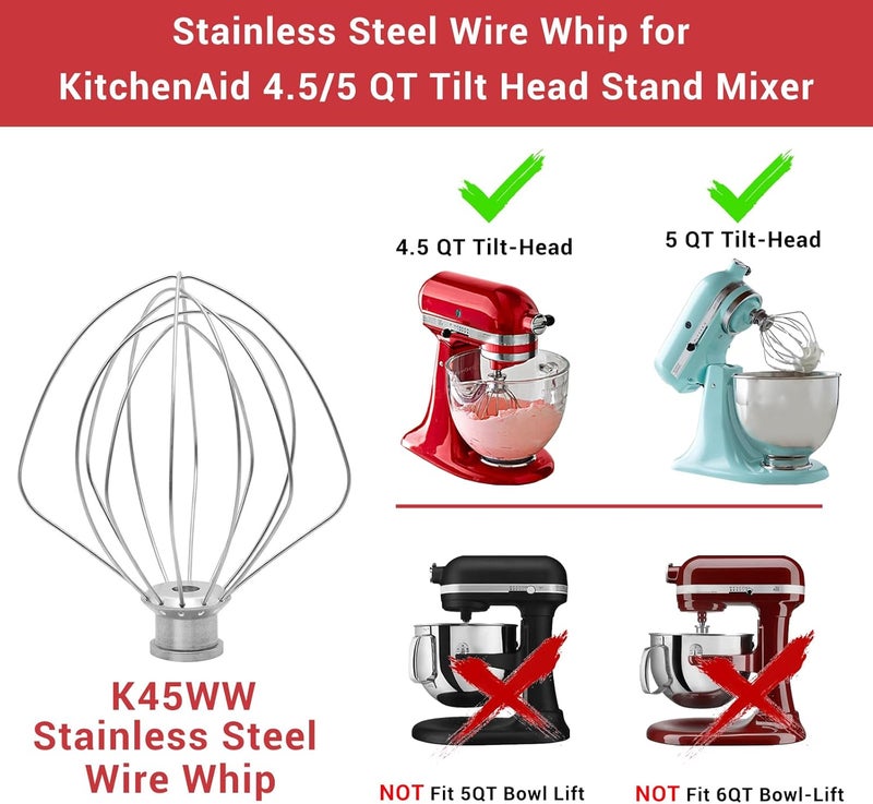 جلينك ملحق خفاقة سلكية من الفولاذ المقاوم للصدأ K45WW لـ KitchenAid، بديل خفاقة 6 أسلاك لخلاطات KitchenAid سعة 4.5-5 كوارت من نوع الرأس المائل، آمنة للغسيل في غسالة الأطباق، لون فضي - Image 5