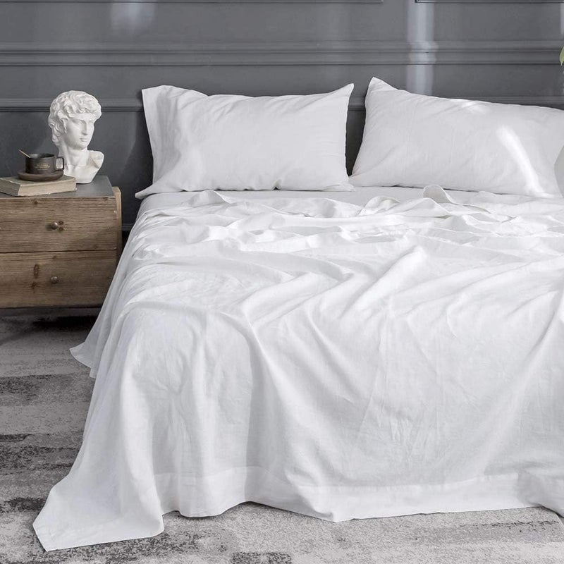 SimpleOpulence Belgian Linen Sheet Set Solid Color  Sheet Set 4PC  Cal King Natural Flax Cotton Blend Soft Bedding Breathable Farmhouse  White California King