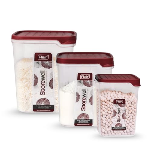 FLAIR Storewell Square Food Storage Containers Set of 3 (2.4L, 6L, 8L)- Maroon, Air Tight Containers for Kitchen Storage Ideal kitchen box for Rice, Atta and Grains, BPA-Free, Food Grade - Image 1