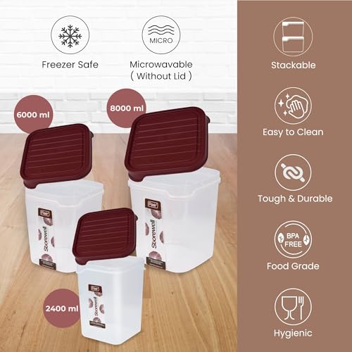 FLAIR Storewell Square Food Storage Containers Set of 3 (2.4L, 6L, 8L)- Maroon, Air Tight Containers for Kitchen Storage Ideal kitchen box for Rice, Atta and Grains, BPA-Free, Food Grade - Image 2