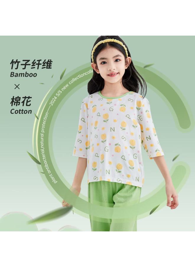 Deesha Girls' Summer Three-quarter Sleeve Pajamas For Older Children, Skin-friendly Loungewear - Image 1