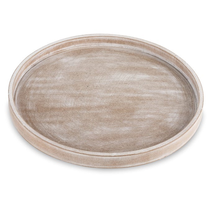 DECORATIVE COFFEE TABLE TRAY WHITE WASHED WOOD TRAY ROUND RUSTIC WOODEN TRAYS CIRCLE FARMHOUSE CENTERPIECE CANDLE HOLDER FOR HOME DECOR OTTOMAN COUNTER DISPLAY LIVING ROOM ORGANIZER 12