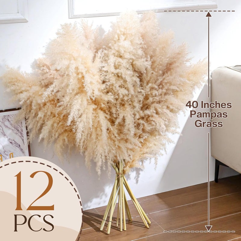 Pasuvsigt 12pcs 40'' Dried Pampas Grass Decor - Tall-Large Pampas Grass - Natural Beige - Boho Home Decor - Image 2