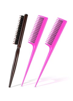 Patelai Patelai 3Piece Hair Comb Set Includes 3Row Nylon Teasing Brush Boar Bristle Teaser Brushes and Triple Teasing Combs for Women Stylists  Pink and Black 