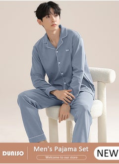 DUNISO Men's Pyjama Set,Cotton Two-Piece Long Sleeve Pure Color Pyjamas,Men with Buttons Sleepwear Set,Men's V-Neck Loungewear Sleepwear for Winter  - Image 1