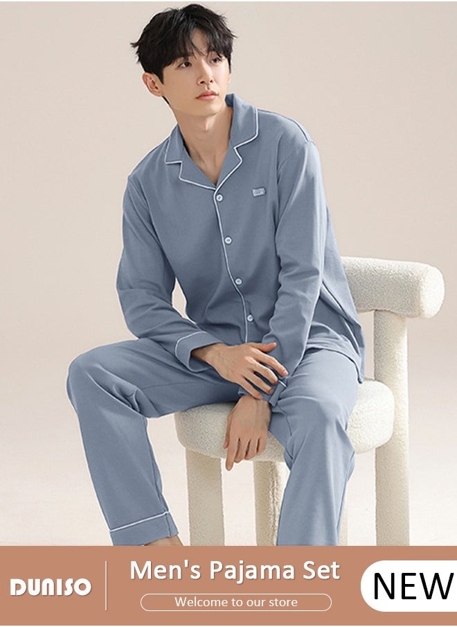 DUNISO Men's Pyjama Set,Cotton Two-Piece Long Sleeve Pure Color Pyjamas,Men with Buttons Sleepwear Set,Men's V-Neck Loungewear Sleepwear for Winter  - Image 1